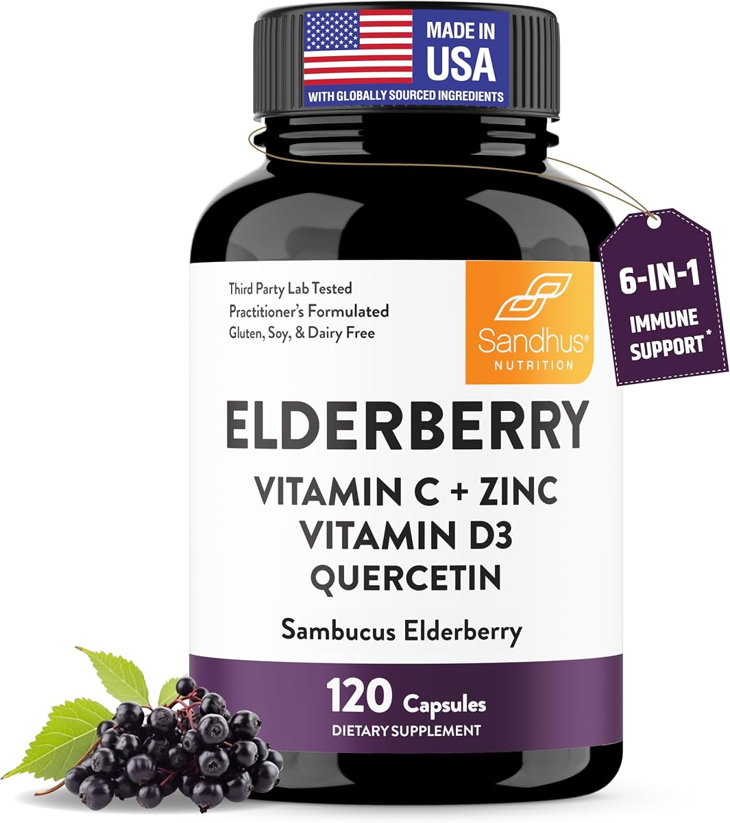 Elderberry Vitamin C and Zinc Capsules with D3 and Quercetin, 120 Count | 6-in-1 Immune Support Supplements For Adults, Sambucus Extract Zink Ginger USA Made in NSF GMP Certified Facility By Sandhu's