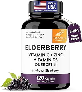 Elderberry Vitamin C and Zinc Capsules with D3 and Quercetin | 6-in-1 Immune Support Supplement Pills for Adults | 120 Count Sambucus Black Elderberry Natural Immunity Vitamins | Made in USA