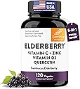 Elderberry Vitamin C and Zinc Capsules with D3 and Quercetin | 6-in-1 Immune Support Supplement Pills for Adults | 120 Count Sambucus Black Elderberry Natural Immunity Vitamins | Made in USA
