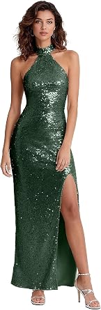 Womens Halter Neck Bridesmaid Dress Sequin Sleeveless Wedding Guest Gowns Long Prom Dress with High Slit