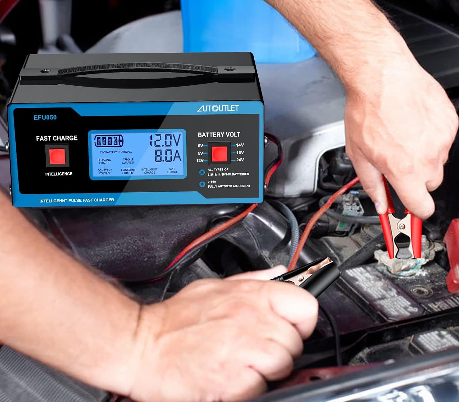 AUTOUTLET BLM-CDQ-A8 Smart Battery Charger and User Guide in packaging