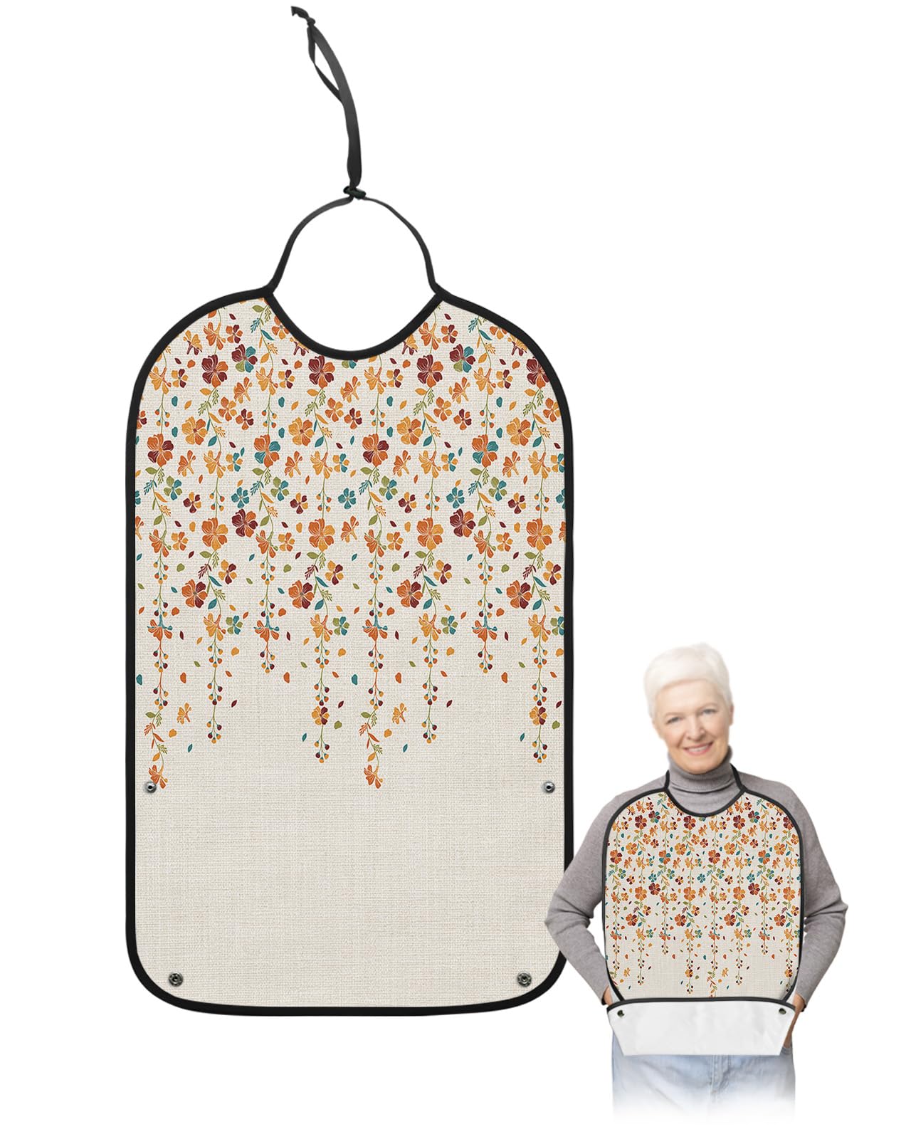 Kewadony Adult Bibs for Elderly Women - Red Orange Green Florals Waterproof Dining Clothing Protectors with Crumb Catcher for Eating/Feeding, Spring Weeping Flowers Linen Texture Terry Cloth Bib