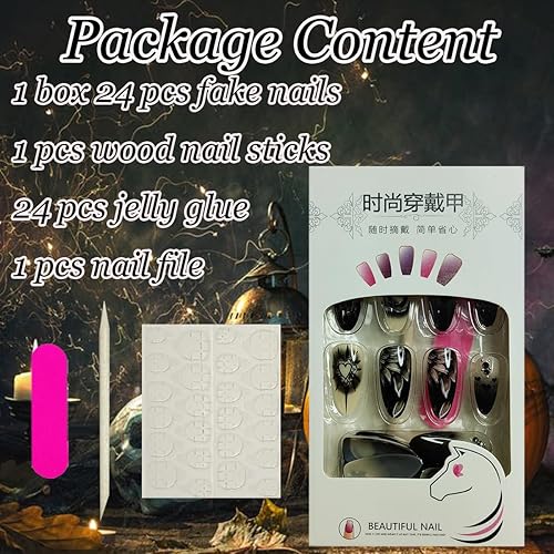 Miniatura 5 de 24 uñas postizas largas a presión, cuadradas, ataúd, diseño de anime, punk, caricatura, negro, blanco, cobertura completa, punta francesa, uñas