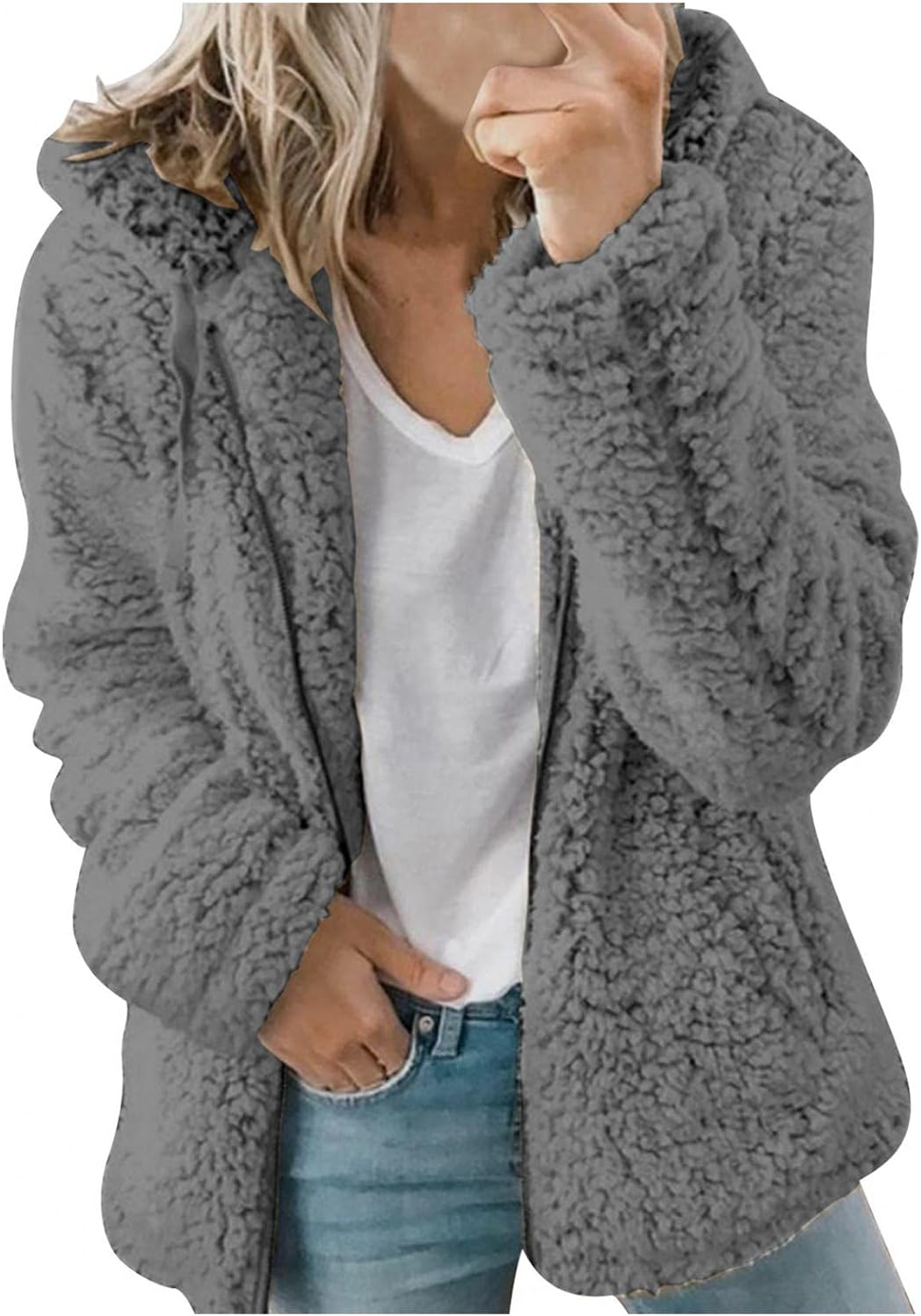 Giacche in pile da donna Teddy Winter Solid Coat Sherpa foderato giacche con zip intera felpe con cappuccio caldo morbido taglie forti manica lunga outwear per le donne UK, Grigio scuro, L