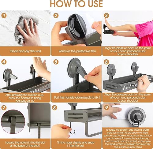 Miniatura 7 de Ventosa para ducha, 11.8 pulgadas, paquete de 2 estantes de ducha con ganchos sin perforación, organizador de baño inoxidable (gris oscuro)