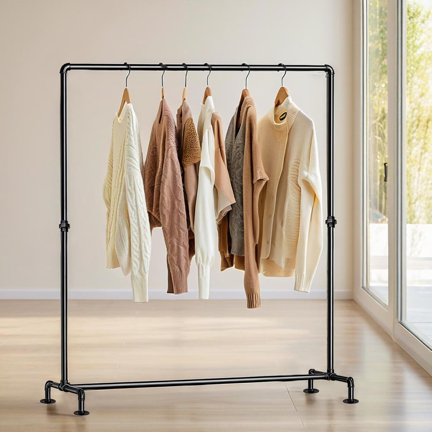 Industrial Pipe Clothing Rack Free Standing,Vintage Commercial Grade Clothing Hanging Rack Organizer for Garment Storage Display,Black Iron Garment Rack with 4 Stable Feet,Black
