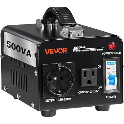 VEVOR Voltage Converter Transformer, 500VA, Heavy Duty Step Up/Down Power Transformer, Convert from 110V to 220V and 220V to 110V, with US Outlet, EU Outlet, Power Cord, Circuit Breaker Protection