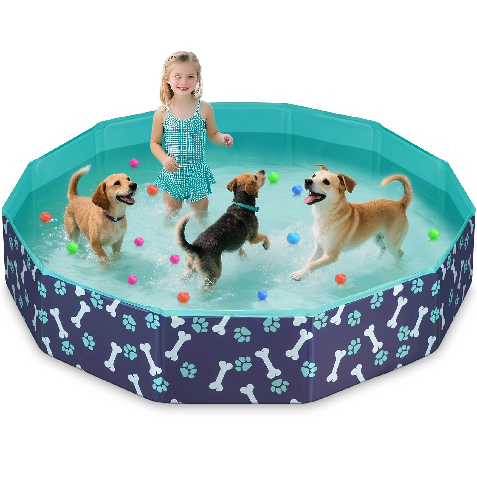 Haovrisn Boys Blue Foldable Dog Paddling Pool, Non-Slip Swimming Pool For Kids & Dog, Thickened Kids Paddling Pool With Patches And Drain Valve, Bath Tub For Small Large Dogs Outdoor Garden Use (160 X 30 Cm)
