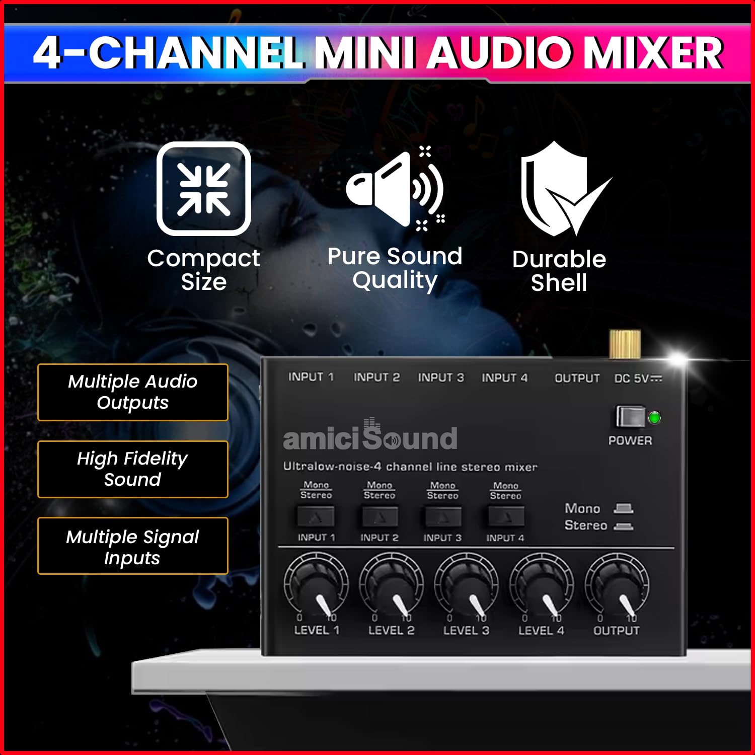 amiciSound Mini Audio Mixer – Ultra Low-Noise 4-Channel Stereo Line Mixer | 5V DC Type-C Powered | Independent Volume Control | Compact & Versatile Sub-Mixing for Guitar, Keyboard, Bass, Drum Sets - Image 2 thumbnail