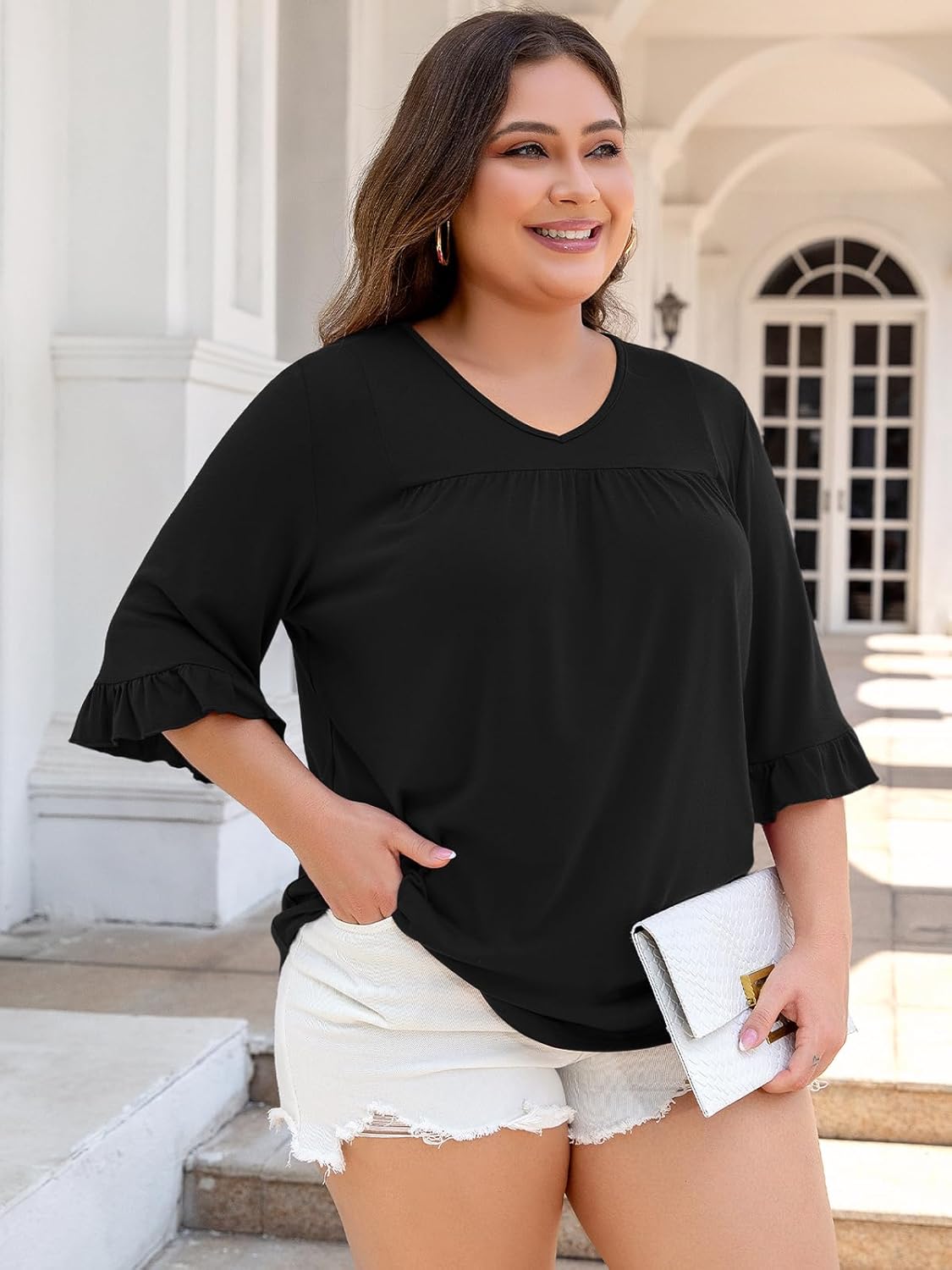 Chulianyouhuo Womens Plus Size Tops 3/4 Sleeve Casual Shirts V Neck Ruffle Loose Fit Tunic Blouse XL-5X - Image 3