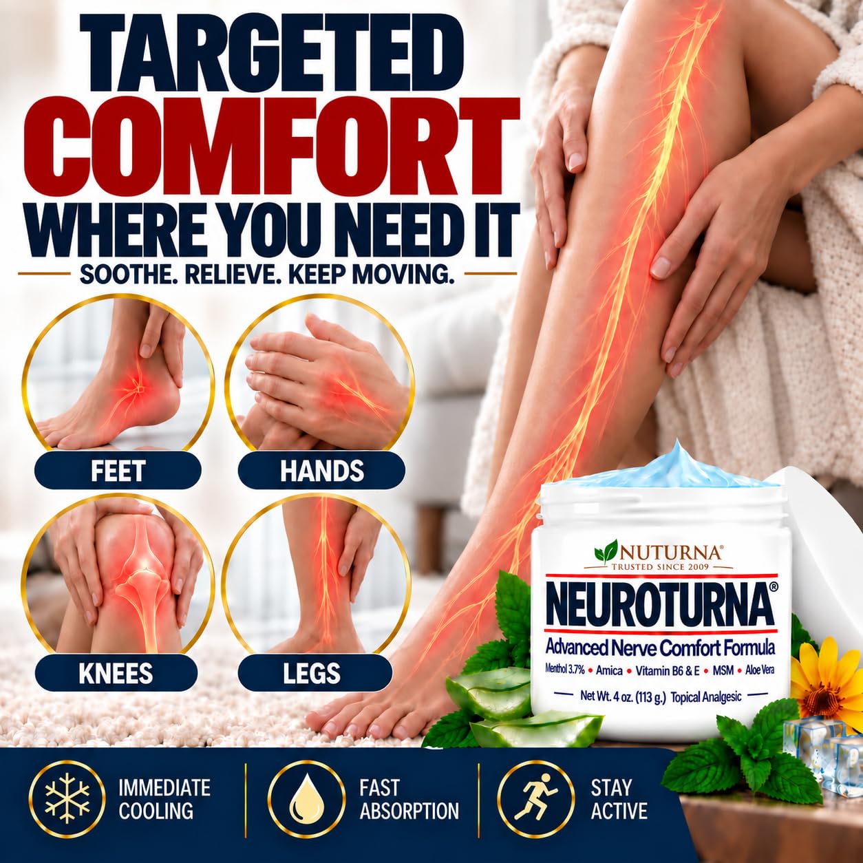 Neuropathy Nerve Cream - Fast Acting Relief Cream For Feet, Hands, Legs & Toes - Ultra Strength Menthol, Arnica, Aloe Vera, MSM - Non-Greasy, Soothing Comfort - 4 oz — Amazon image 2