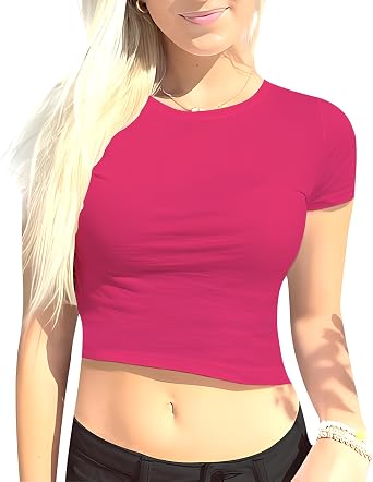 1 & 9 Womens Basic Crop Top Short Sleeve Fitted T-Shirt, Stretch Cotton Slim Fit Casual Tee for Everyday Wear