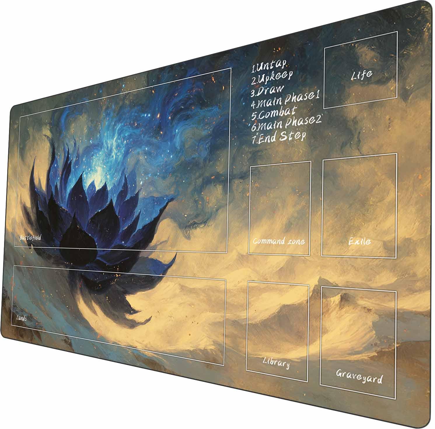 Mtg playmat 24x14 inches non-slip dragon design stitched edges smooth surface rubber base tcg game mat includes storage bags (Blooming lotus flowers with area)