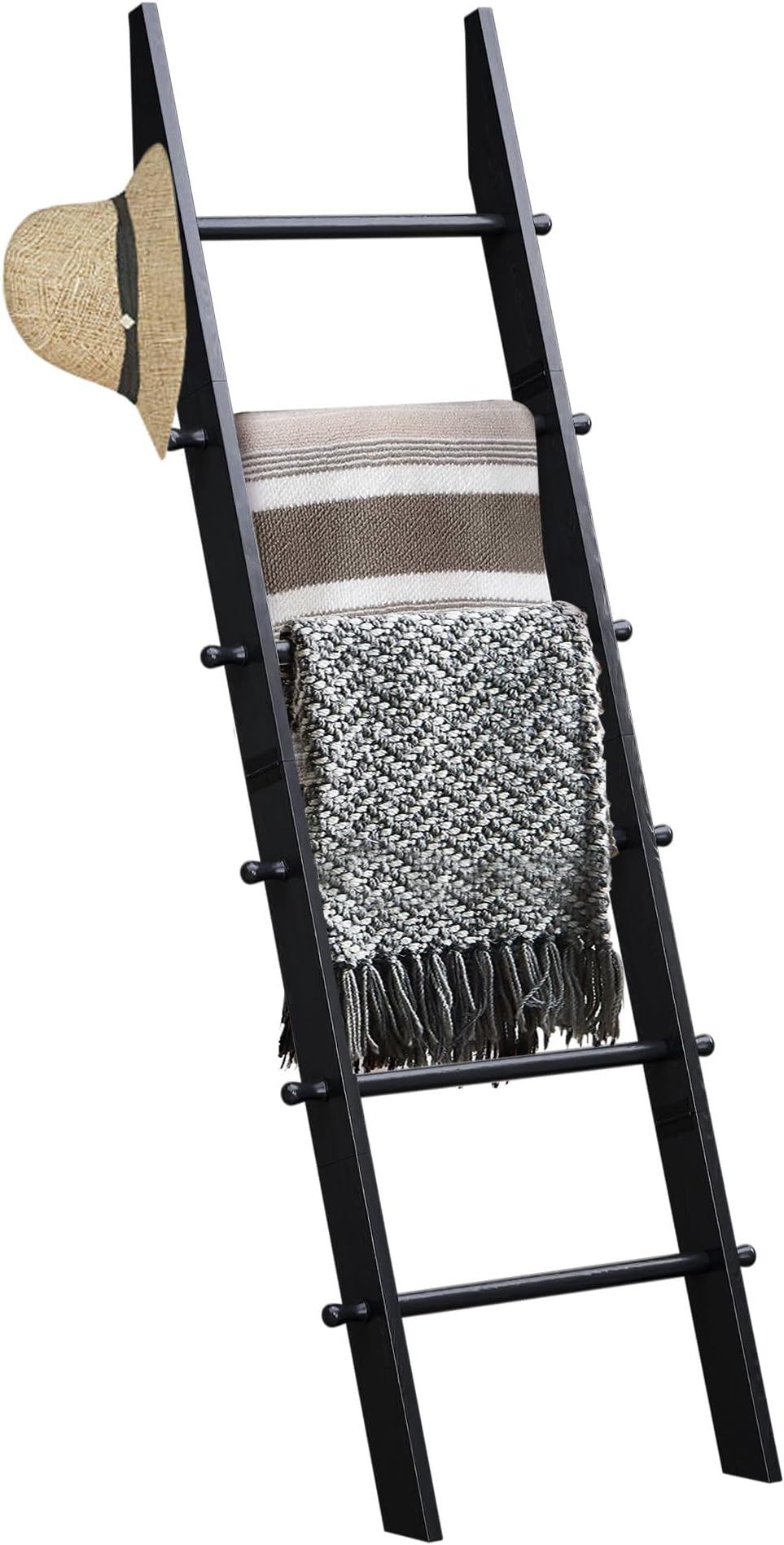 TEAKMAMA 6-Tier Blanket Ladder with Hanging Knobs, 5.5 Ft Wall Leaning Blanket Ladders for Living Room Bedroom,Rustic Decorative Storage for Quilts,Throws,Easy to Assemble,Black