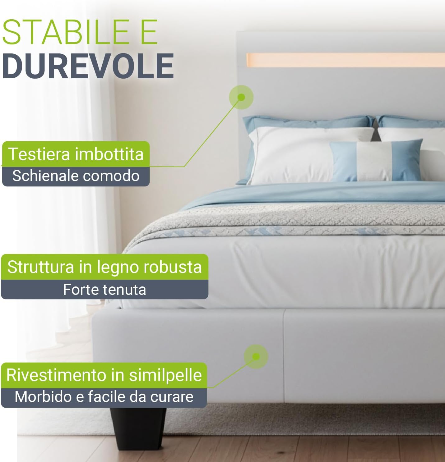 Close-up of the Juskys Paris bed's upholstered headboard and frame, highlighting the robust wooden structure and soft faux leather covering. Text labels point to 'Upholstered headboard: Comfortable backrest', 'Robust wooden structure: Strong hold', and 'Faux leather covering: Soft and easy to care for'.