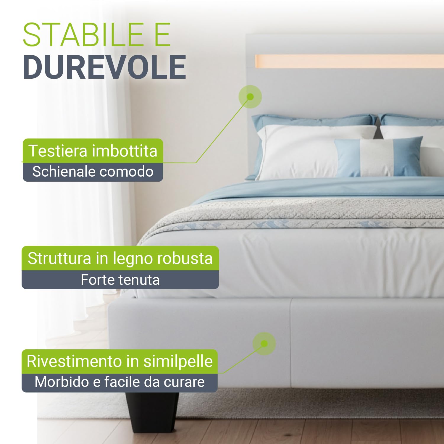Juskys letto imbottito Paris da 120x200 cm in bianco - Letto con illuminazione LED, rete a doghe e testata - Struttura moderna con rivestimento in similpelle
