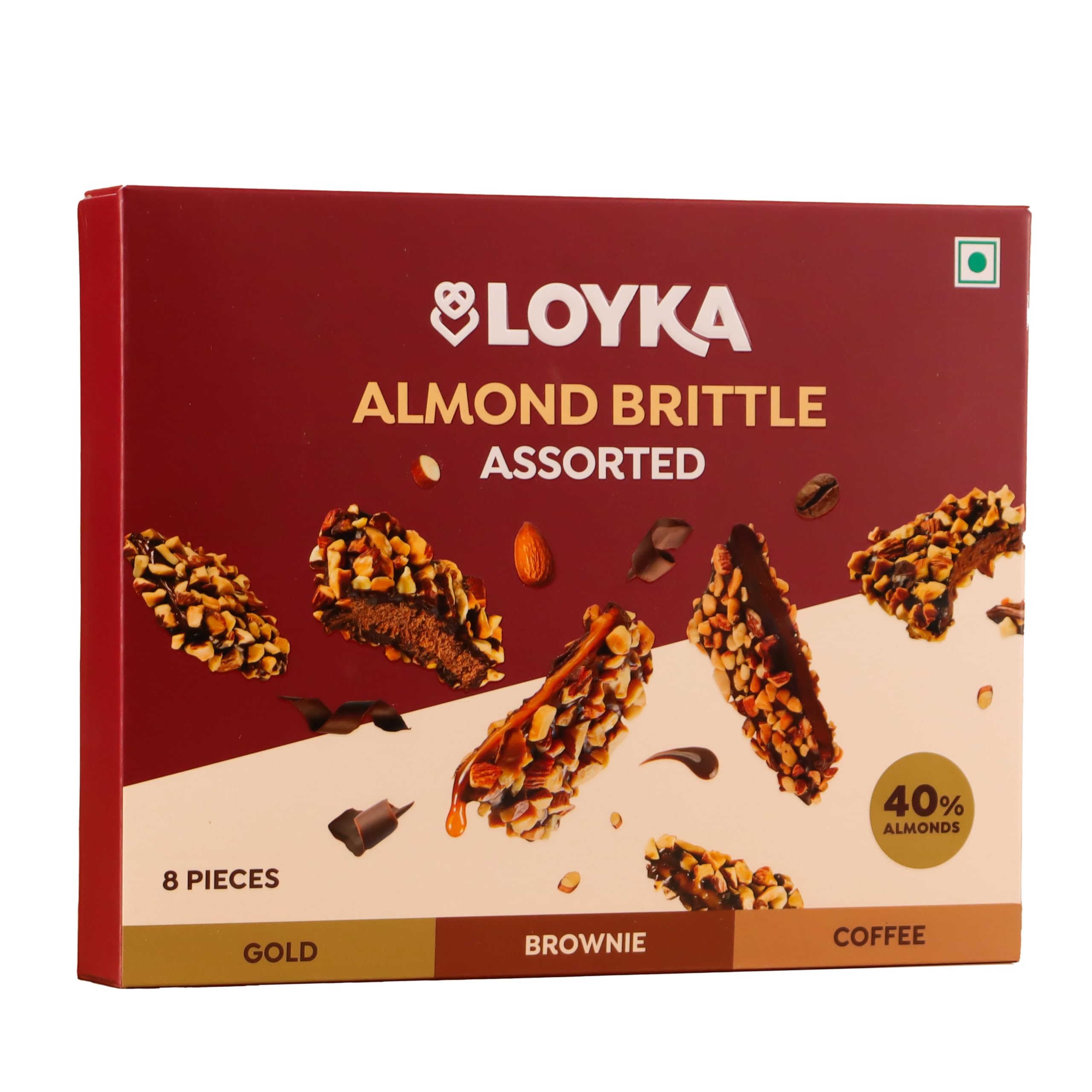 Loyka Almond Brittle Assorted Choco Box - 8 pcs 116gm | Premium Chocolate Gift Hamper | Choco & Nut Dryfruit Delicacy | Roasted California Almonds (40%), Dark Choco & Salted Caramel |