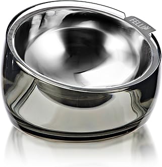Felli Pet Oblik Elevated Dog Food Water Bowl Stainless Steel Angled Oval Dish for Small Medium Breed, No Spill & Skid Proof, Raised Plastic Stand Tilted Dry Wet Metal Feeder Bulldog (1.5Cups, Smoky)
