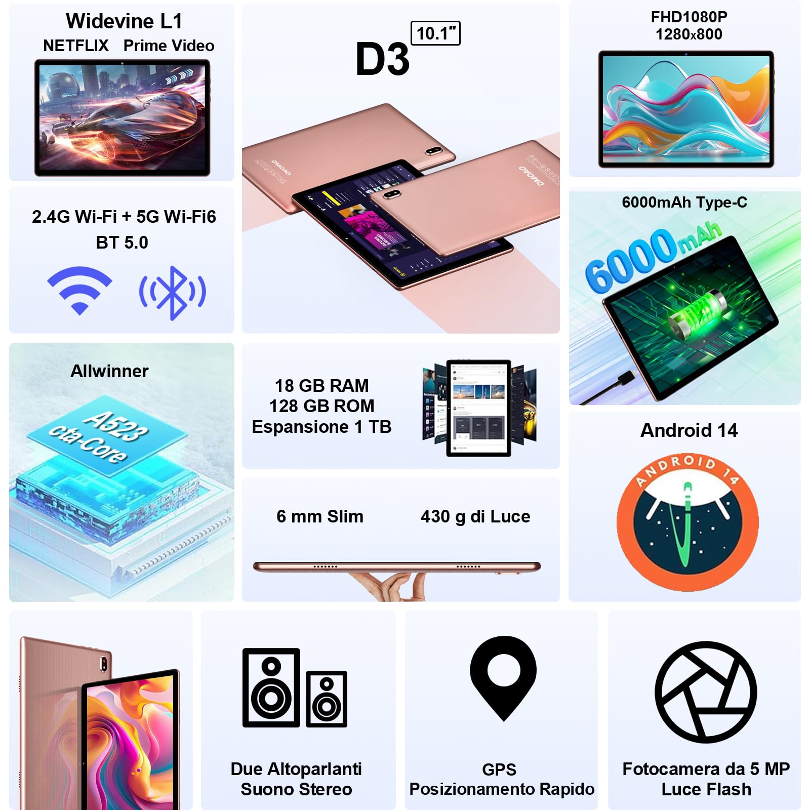 DMOAO Tablet 10 Pollici Android 14 con 18GB RAM + 128GB ROM(TF 1TB), HD Tablet con 5G Wi-Fi 6, Widevine L1, Octa-Core 1.8 GHz, USB-C, BT 5.0, 6000mAh,Custodia, Oro Rosa
