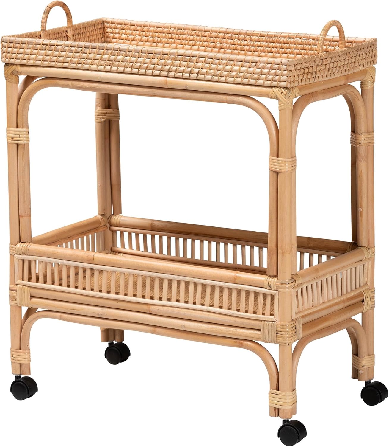 Bali Pari Lombok Natural Rattan 2-Tier Bohemian Wine Cart - Mobile Bar Serving Trolley with Wheels & Handles