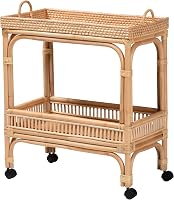 Bali Pari Lombok Natural Rattan 2-Tier Bohemian Wine Cart - Mobile Bar Serving Trolley with Wheels & Handles