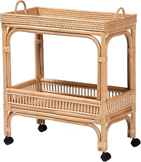 Bali Pari Lombok Natural Rattan 2-Tier Bohemian Wine Cart - Mobile Bar Serving Trolley with Wheels & Handles