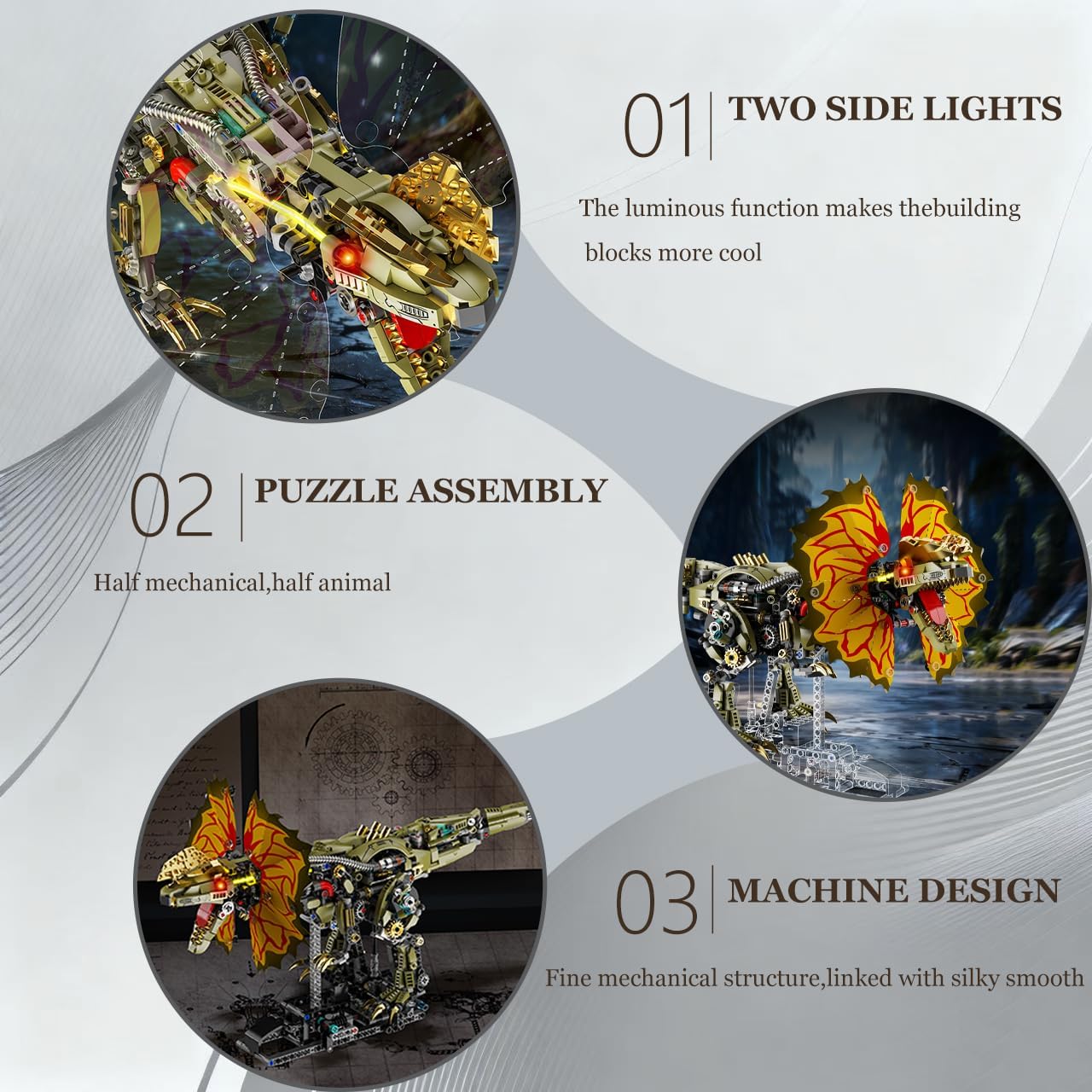Mechanical Dilophosaurus Building Set, Flexible Joints with Light Effects and Realistic Details. Compatible with LEGO Animal Series, Great for Home & Office Display(1277PCS)