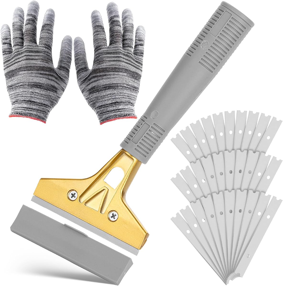 Bates- Razor Blade Scraper Tool, 4 Inch, Floor Razor Scraper Tool with 30 Extra Carbon Steel Blades and a Pair of Safety Gloves