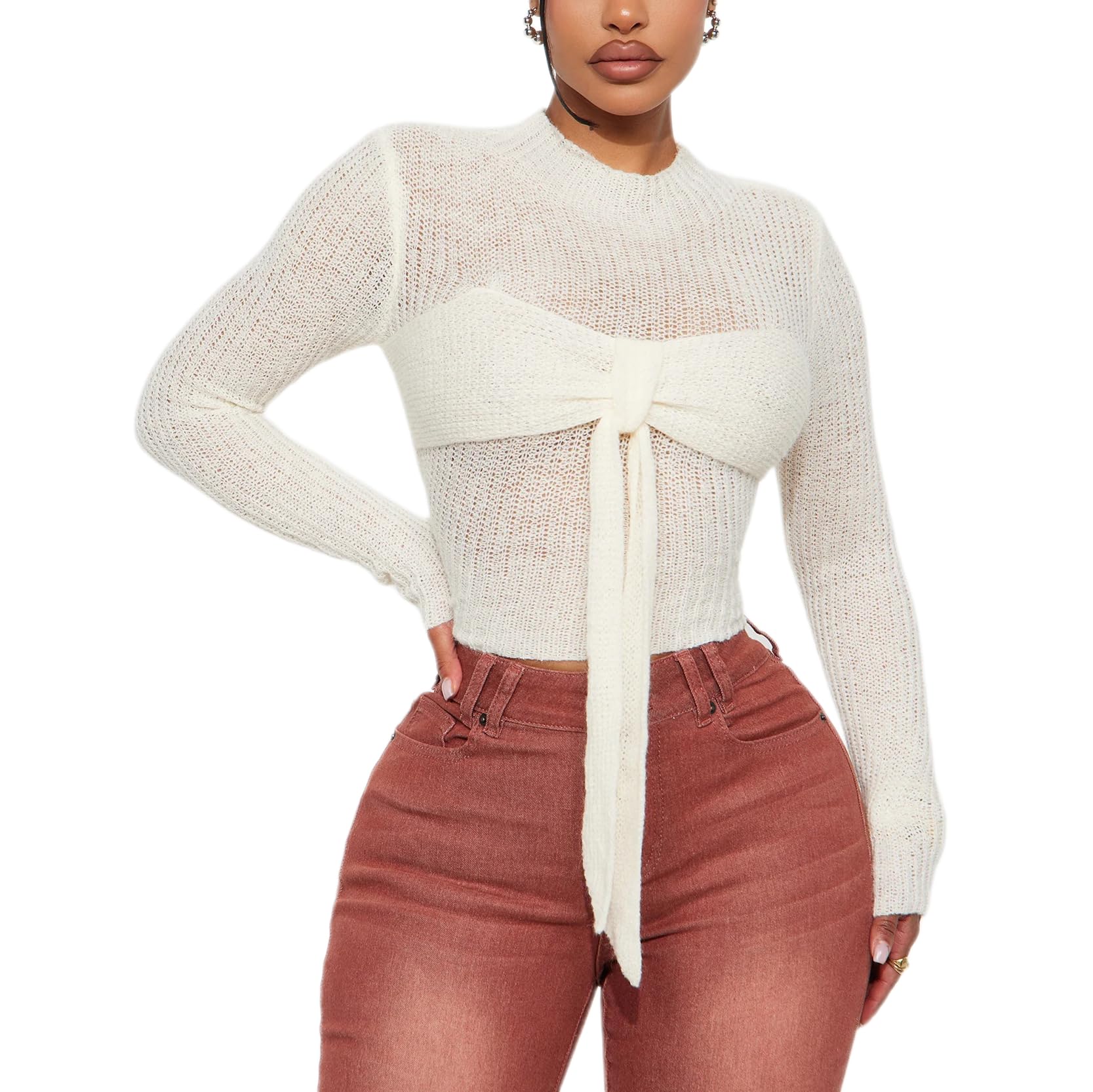 Womens Crewneck Long Sleeve Sweater with Bow Knot Front Knit Sheer Sweaters Casual Blouse Tops
