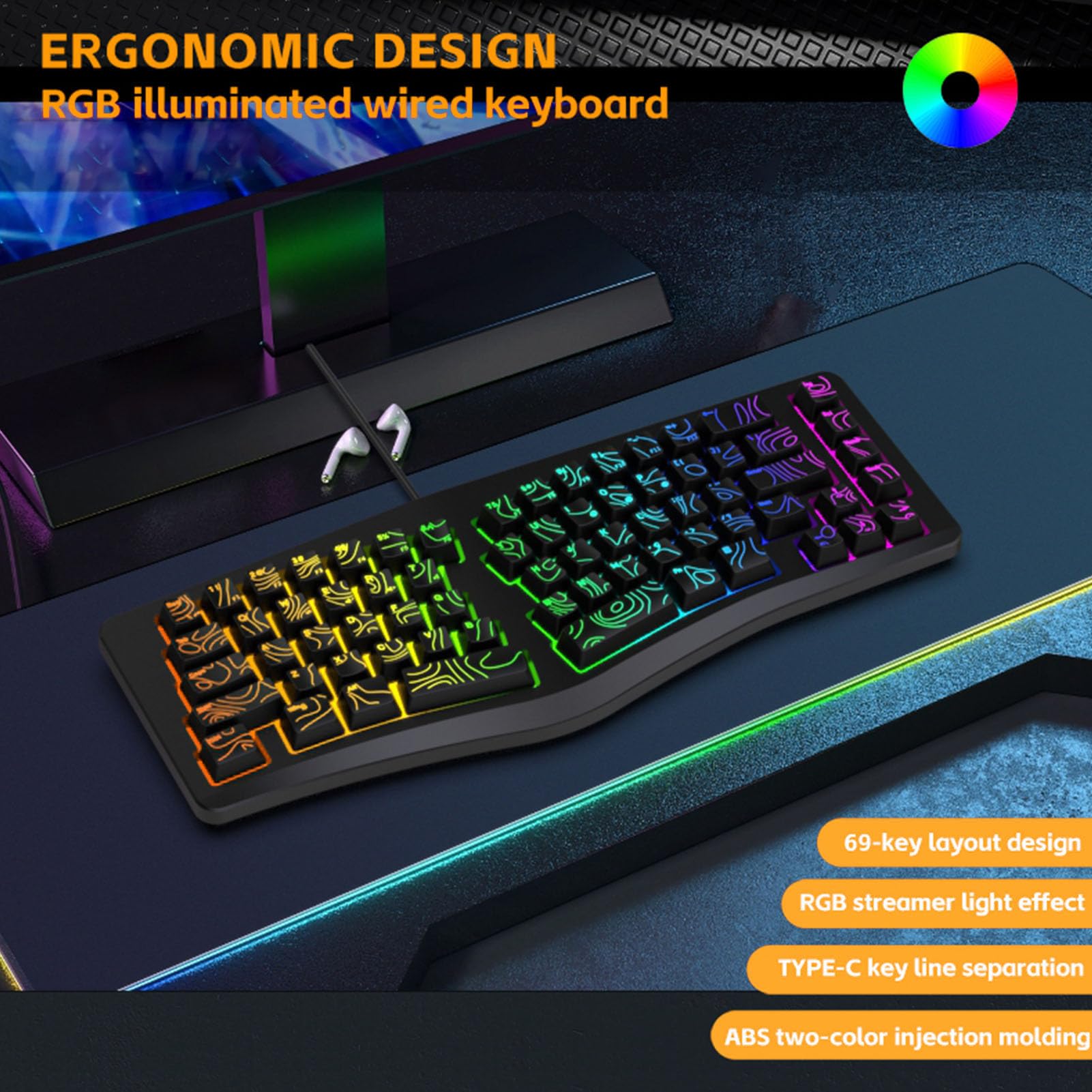 Tastiera Ergonomica Cablata, Tastiera Divisa a 69 Tasti, con Tasti Ondulati con Digitazione Comoda e Retroilluminazione RGB, Ideale per, IOS, PC e Laptop