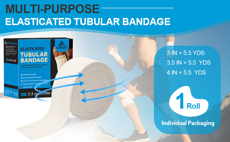 Image of Latex-Free Elasticated Tubular Support Bandage with Stockinette Fabric, Breathable Tubular Compression Sleeve for Joint & Tissue Support on Arms, Knees, Legs (3 inch x 5.5 Yards) Size D