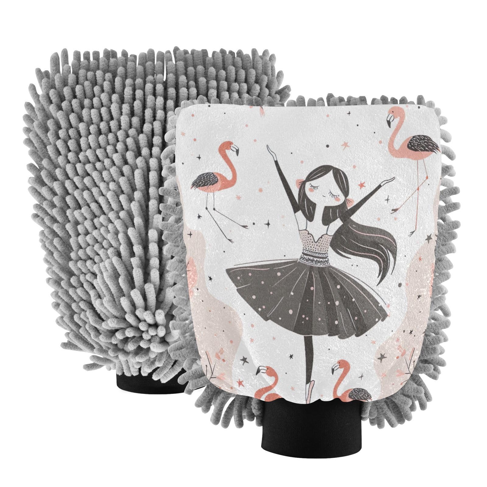 Kigai Ballet Girl and Flamingo Car Wash Mitt Microfiber, 2Pcs Scratch Free Lint-Free, Premium Chenille Microfiber Mitt Car Wash Brush-M