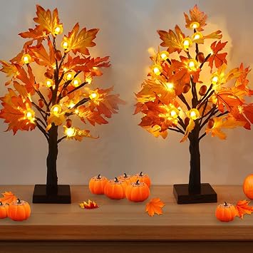Fall Maple Tree with 48 LEDs Battery Operated Light Up Artificial Pumpkins Maple Acorn Tree for Fall Thanksgiving Table Harvest Home Indoor Decoration 2 Pack