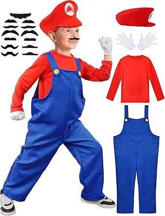 Vermeyen Super Brothers Costume for Kids/Adults Plumber Outfit with Hat Mustache Gloves Accessory Halloween Cosplay Costume