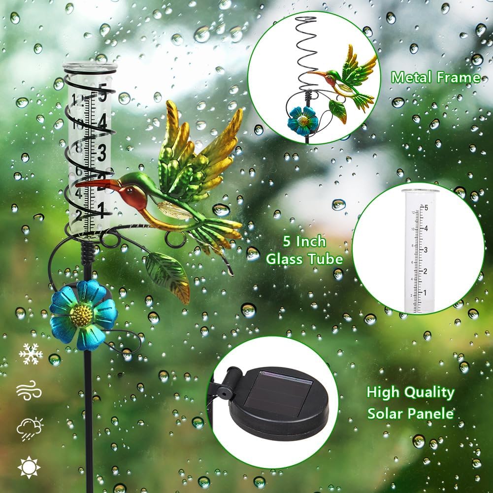2PS Hummingbird Rain Gauge Outdoor,Solar Powered LED Lights Decorative Rain Gauge with 5 Inch Glass Tube for Yard,Garden,Patio,Lawn