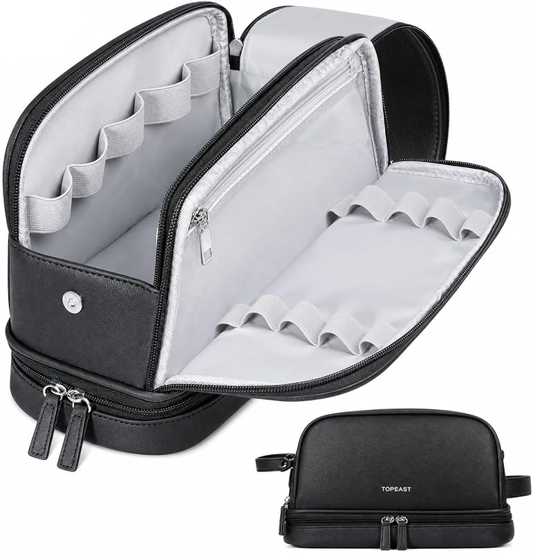 Necessaire TOPEAST masculina de couro sintético, preta, com dois compartimentos e alça