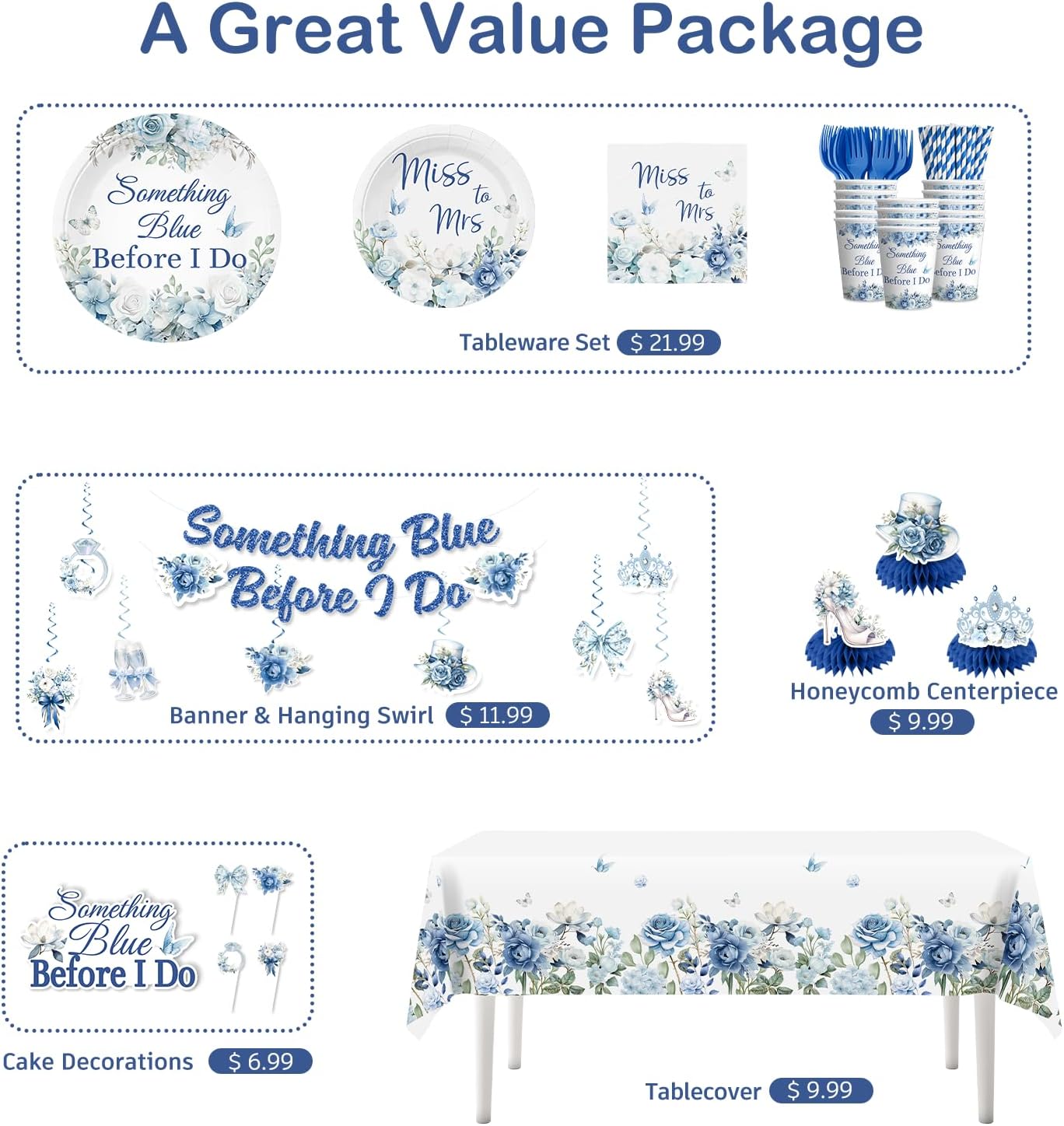 Xynic 171pcs Something Blue Before I Do Bridal Shower Decorations, with Pre-threaded Banner 40 Thickened Plates and 2 Tablecloths, 20-pack Disposable Paper Tableware for Blue Bridal Shower