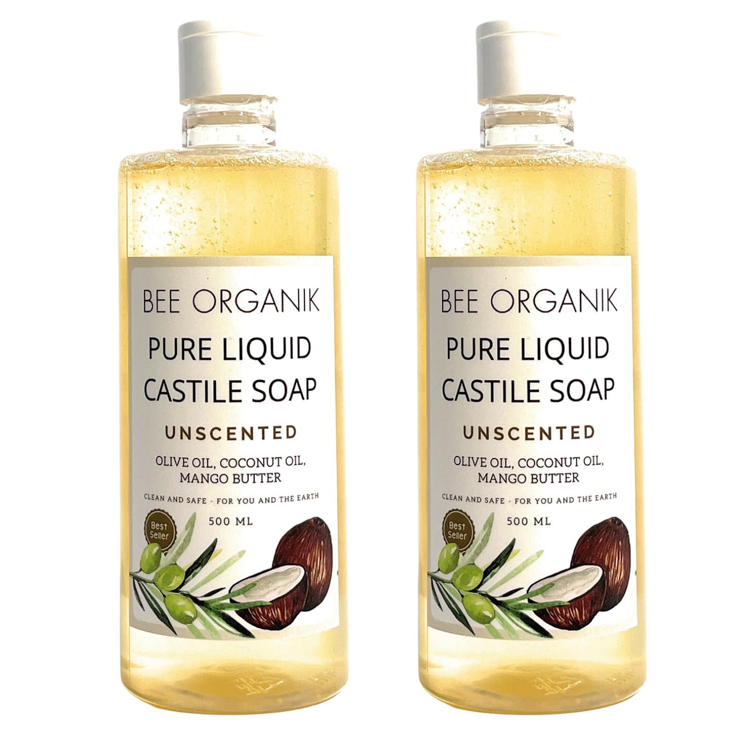 Liquid Castile Soap – (Pack of 2) (Unscented) 500ml x 2 | Gentle Face & Body Wash for Sensitive Skin | Organic Olive, Coconut & Castor Oils | No Fragrance, SLS-Free, Baby-Safe, Vegan