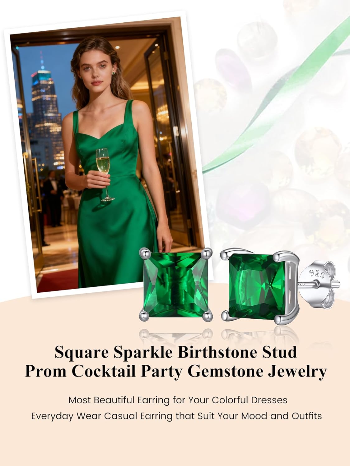 Bestyle 925 Sterling Silver 2CT Birthstone Stud Earrings for Women, Hypoallergenic Heart/Round/Square Cubic Zirconia Earrings Dainty Jewelry Gifts for Birthday,Christmas,Valentine's Day - Image 6