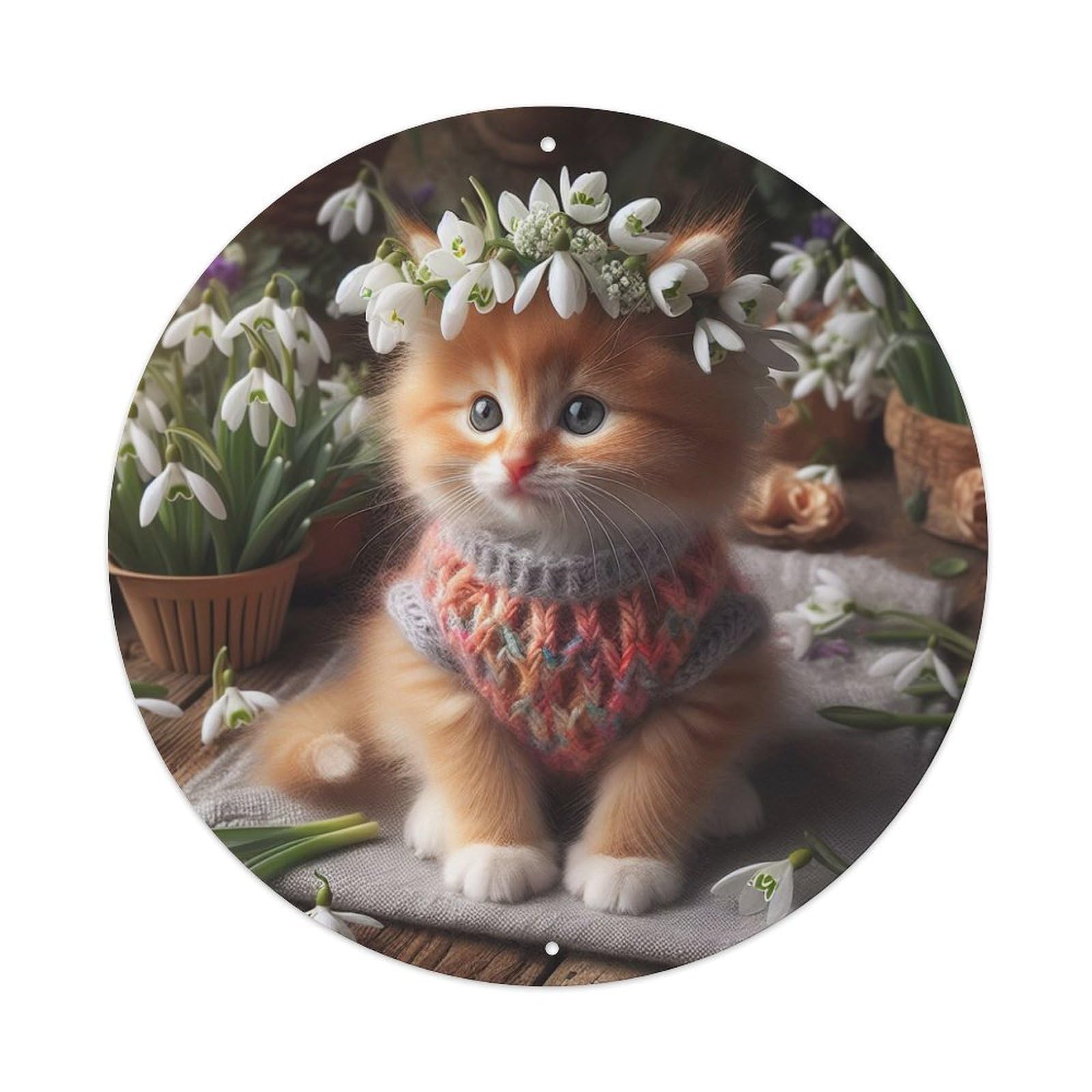 Animal Ginger Kitten Spring Snowdrop Flower Vintage Cozy Vintage Metal Tin Sign Plaque Wall Decor for Cafe, Club Bar, Office, Garden Metal Poster 8x8Inch