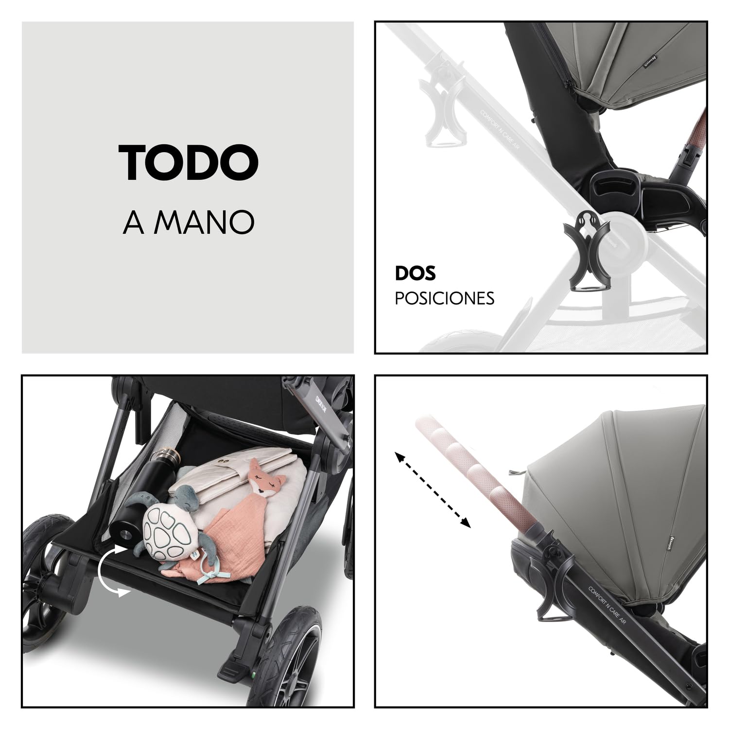 hauck Comfort N Care Air Set Cochecito 2in1 | Carrito Bebé desde Nacimiento hasta 22 kg - Capazo XL - Ruedas de Aire con Suspensión - Silla de Paseo Ligera Reversible y Reclinable - Adaptador - Moca