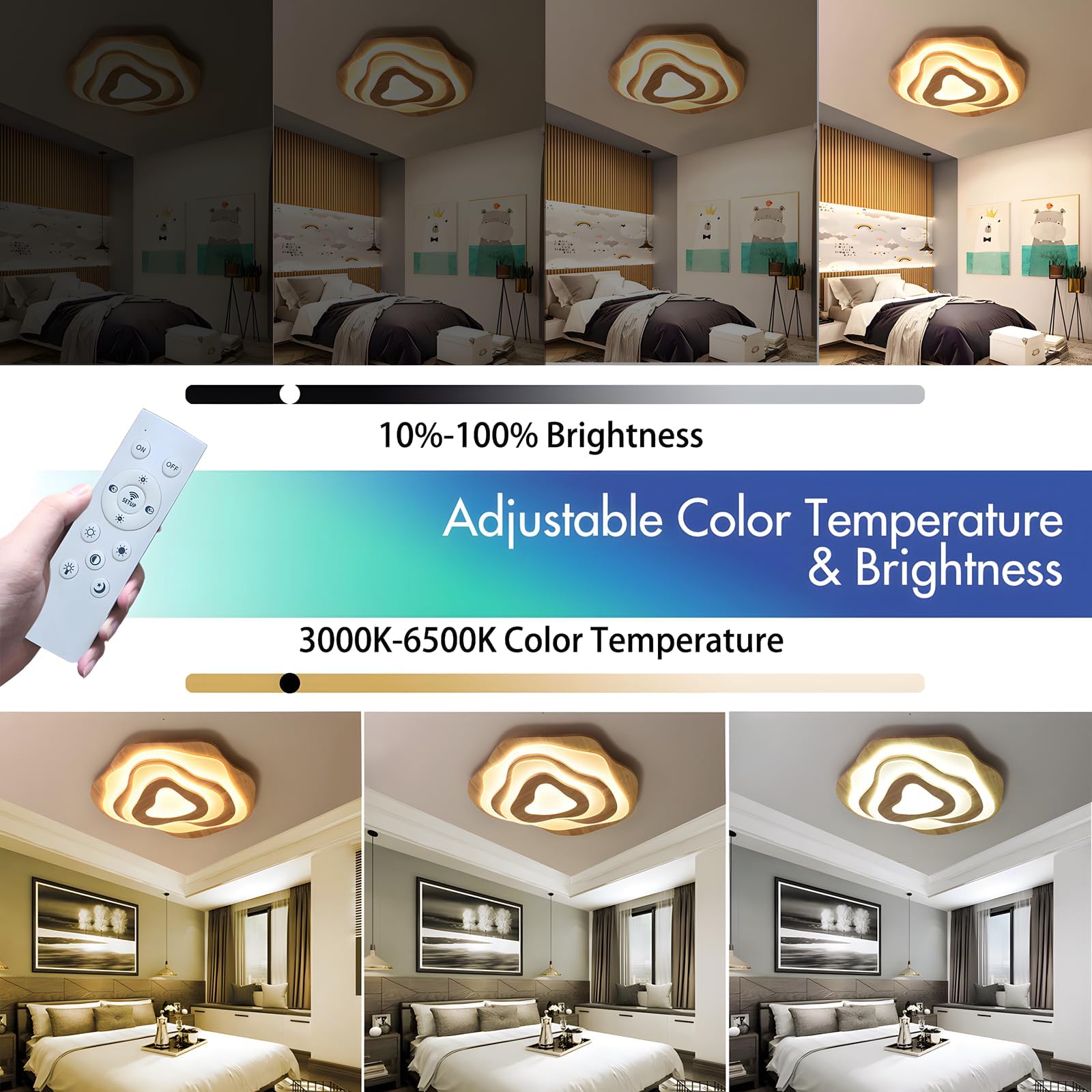 Lámpara Techo LED Madera | Ø57cm 50W 4300lm | 3000K-6000K Regulable Con Control Remoto, Lámpara Moderna Madera Natural + Nubes Acrílicas, Sala Estar Dormitorio Infantil Cocina Comedor Casa