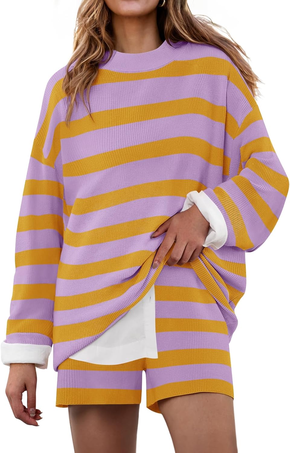 ZESICA Striped Lounge Sets for Women Fall 2026 2 Piece Oversized Outfits Long Sleeve Tops and Shorts Sweater Pajama Set