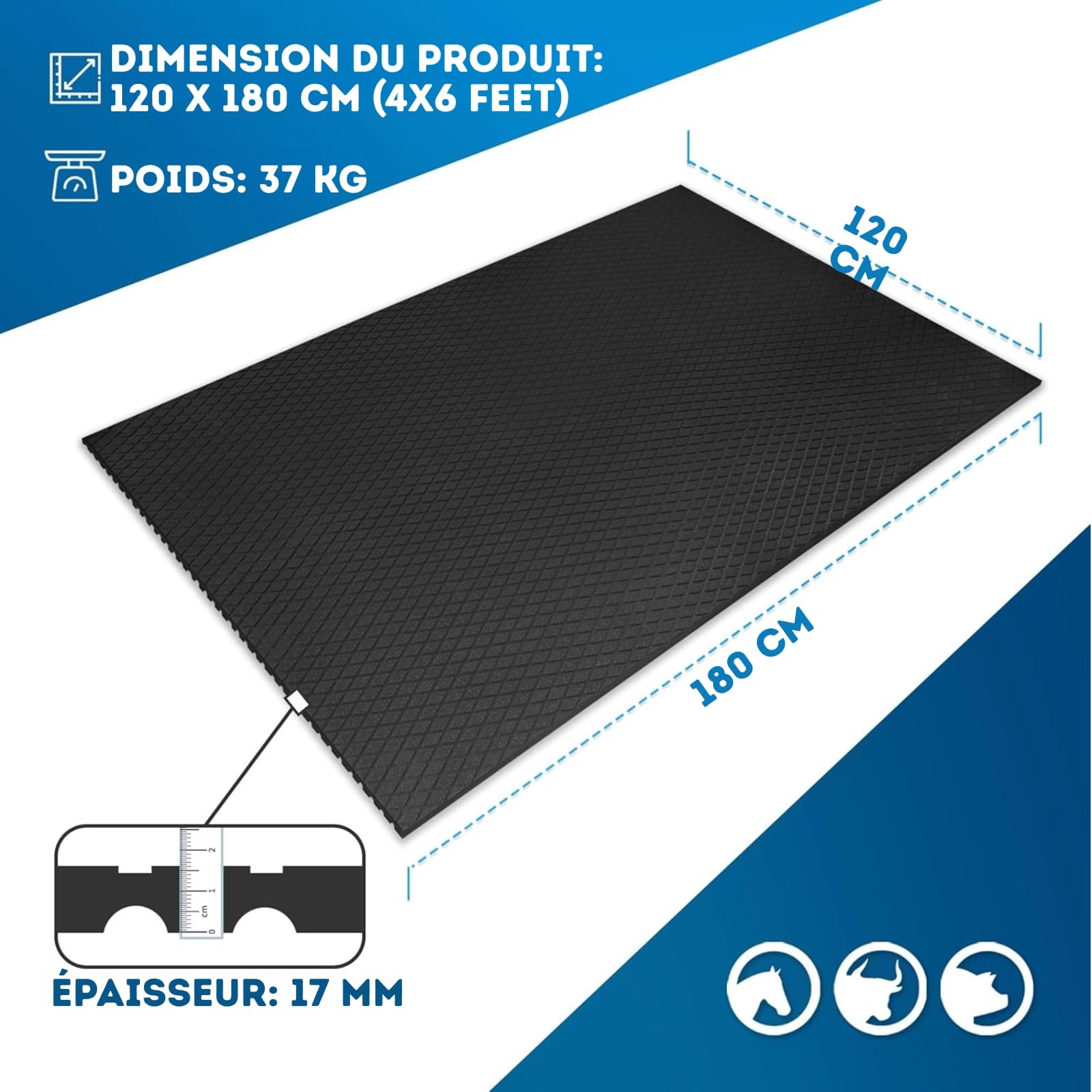 KARAT Tapis d'écurie en Caoutchouc Diamond Top Tapis de Sol pour l'élevage - Antidérapant & résistant - Surface soulageant la Pression et ménageant Les articulations (180 x 120 cm)