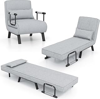 GOPLUS Sofá-cama conversível, poltrona reclinável 4 em 1 com encosto ajustável em 6 posições, almofada removível e moldura metálica, sofá-cama dobrável e individual estofada carga de 150 kg (cinzento