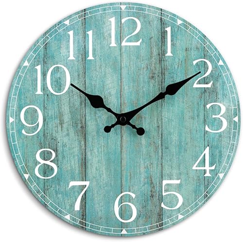 Miniatura 19 de HYLANDA Reloj de pared, 10 pulgadas, silencioso, sin tictac, funciona con pilas, relojes de madera rústicos decorativos para cocina, baño, A-azul