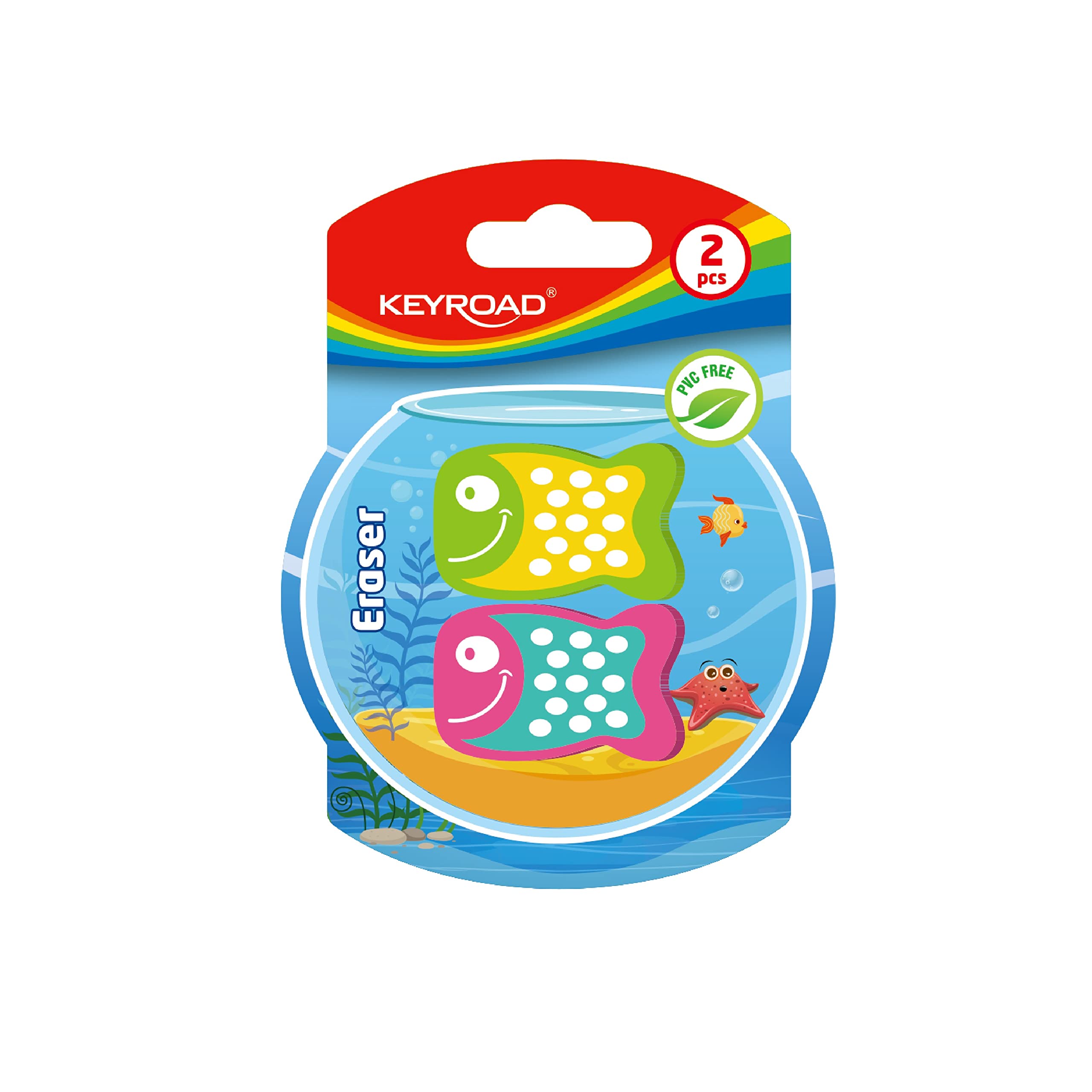 KeyRoad KR972126 Fish Eraser for Pencil and Colouring Pencil, 2 Pieces, Blister, Mix of Colours, Ideal for School and Office