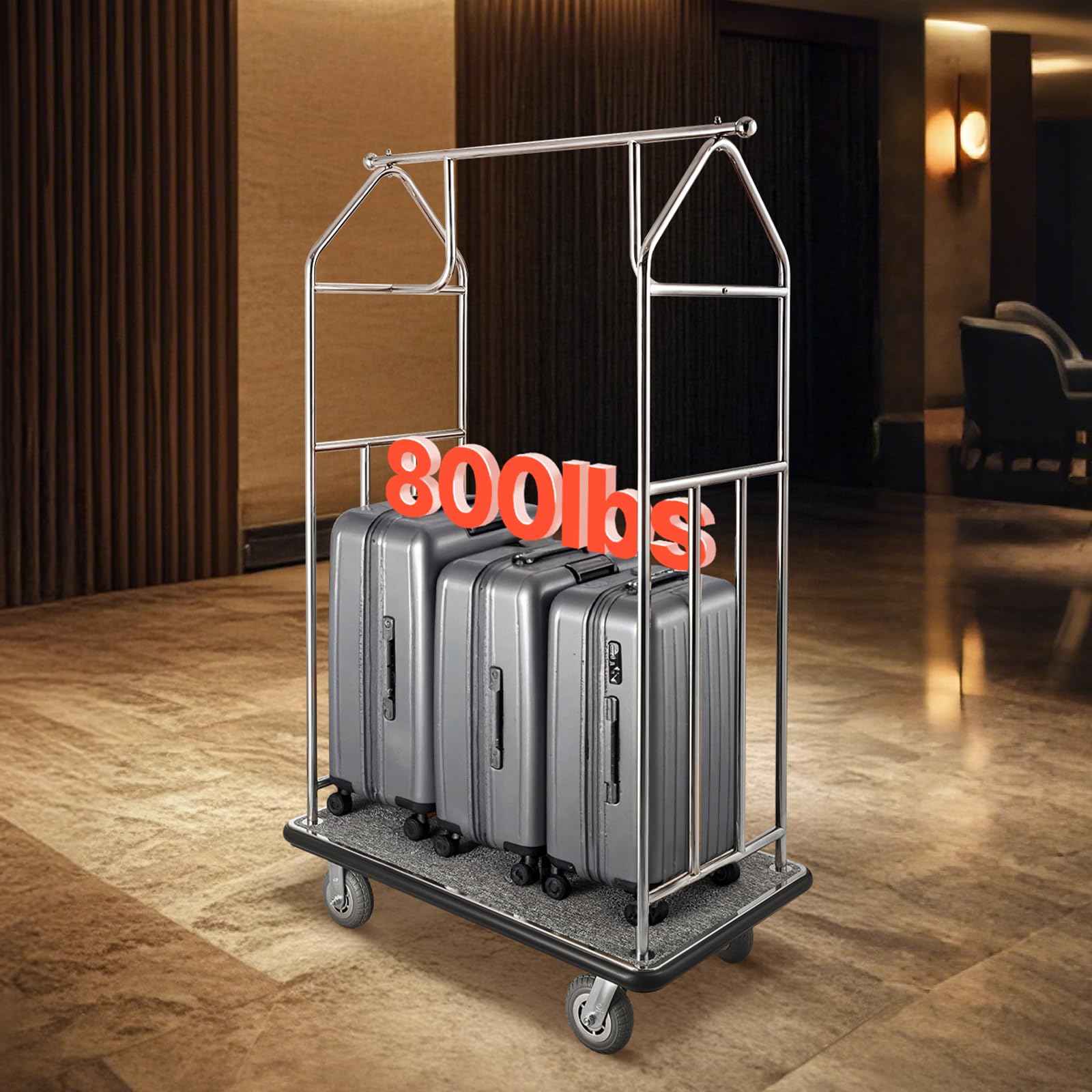 VEVOR Chariot à Bagages Hôtel, 362 kg, Chariot à Plate-Forme de Concierge, Finition INOX Brossé, avec Moquette Grise, Roues Caoutchouc 15,24 cm, Porte-Bagages pour Hôtels, Condos, Complexes Hôteliers