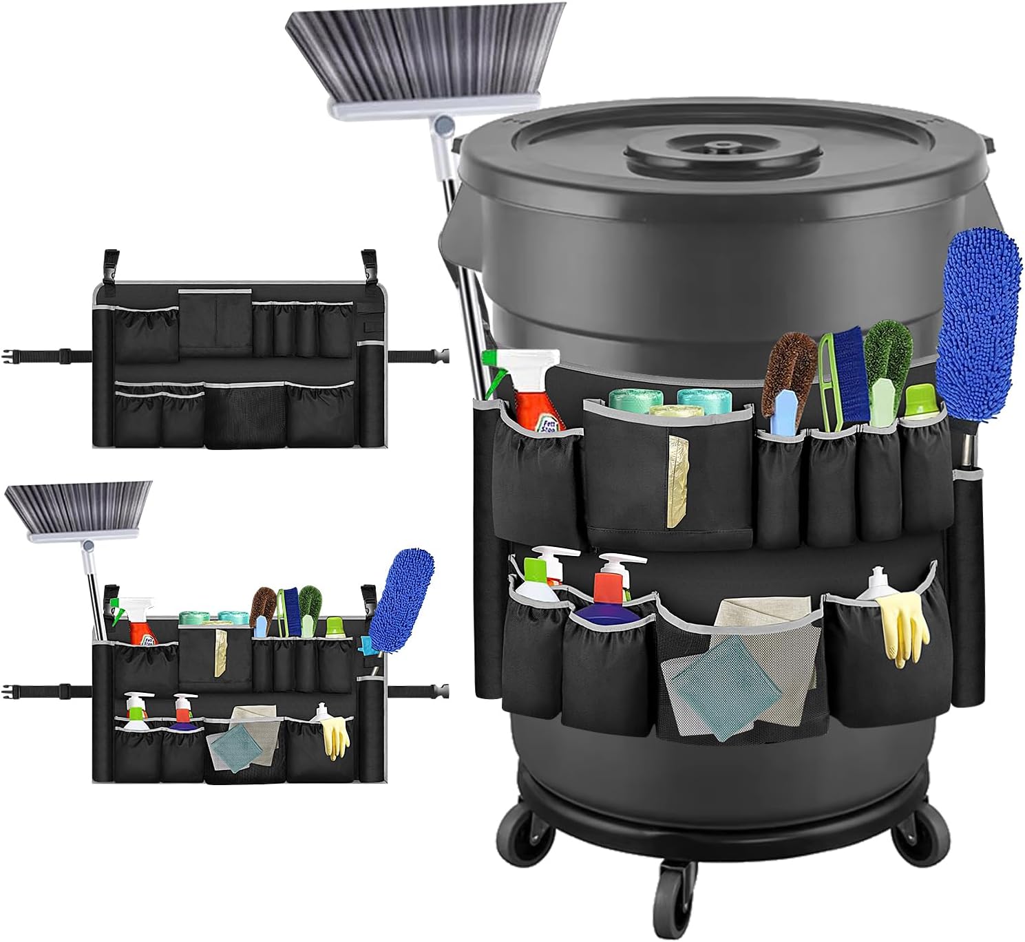 Trash Can Caddy Organizer with 10 Pockets - Cleaning Supply Holder for 32-55 Gallon Round Garbage Bins | Adjustable Strap Storage Bag for Sponges, Gloves, Spray Bottles, Cleaning Tools