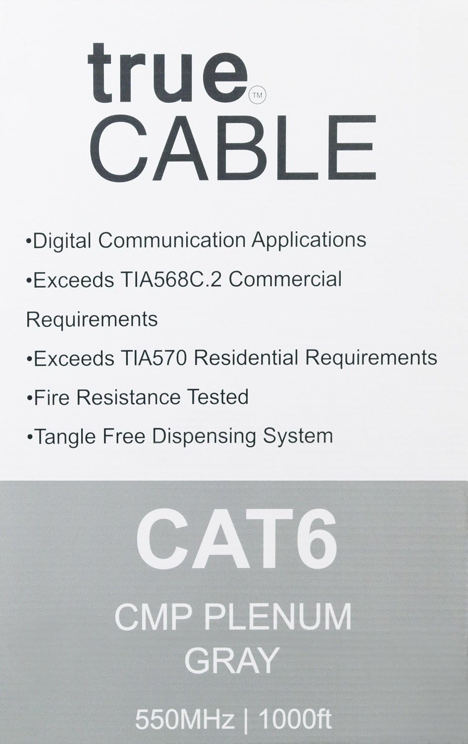 Flash Deals - 70% OFF trueCABLE Cat6 Plenum (CMP), 1000ft, Gray, 23AWG 4 Pair Solid Bare Copper, 550MHz, ETL Listed, Unshielded Twisted Pair (UTP), Bulk Ethernet Cable